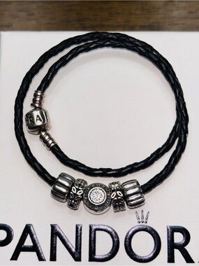 Pandora Black Braided Leather Double Wrap Bracelet with Silver Charms